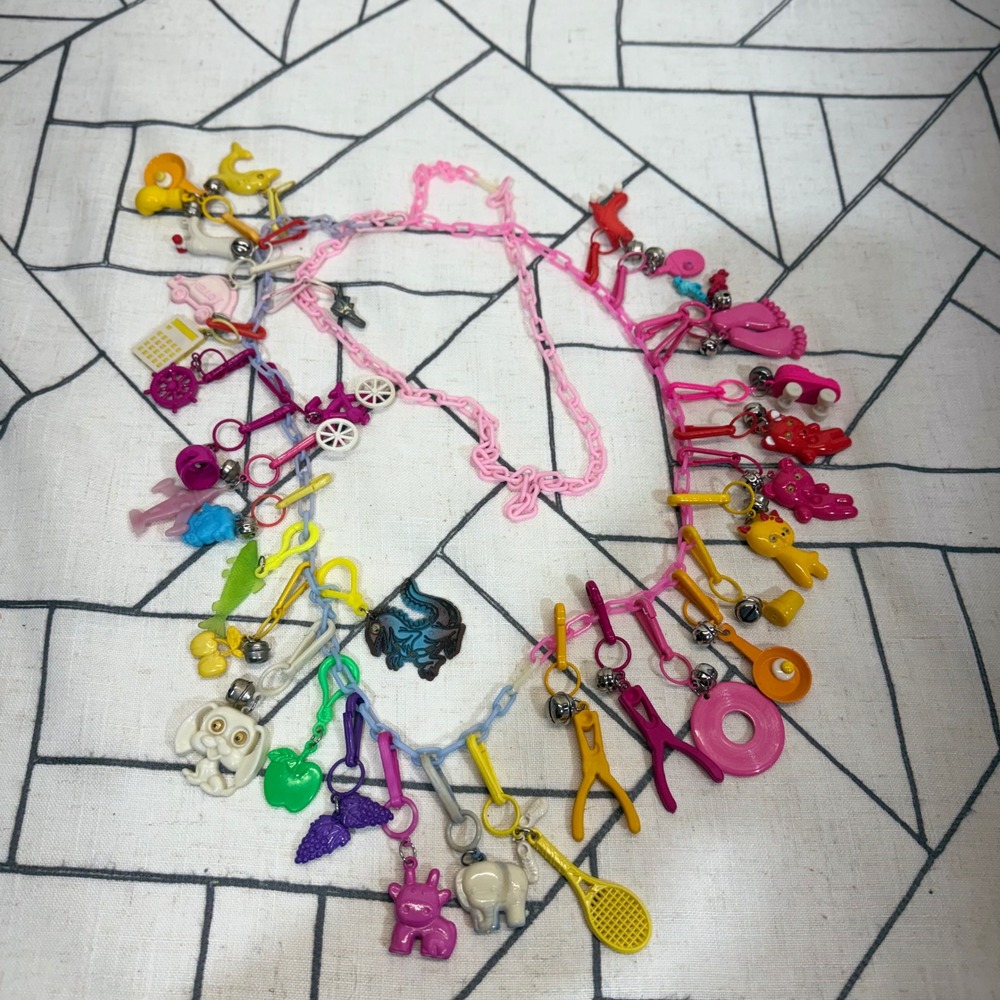 Vintage 80s Plastic Bell Charm Necklace OS Multicolor Retro Kitsch Novelty